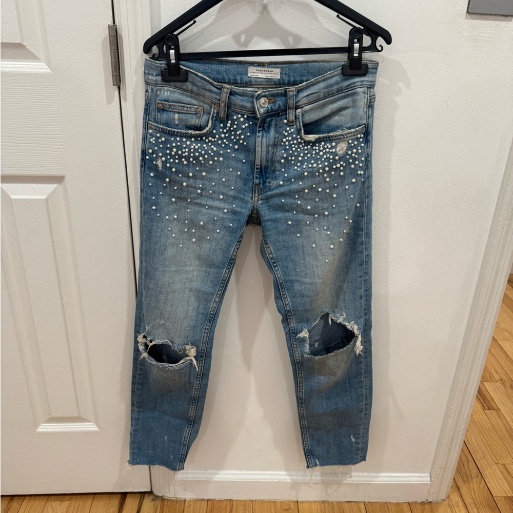 Zara Blue Cropped Jeans with Pearl Details